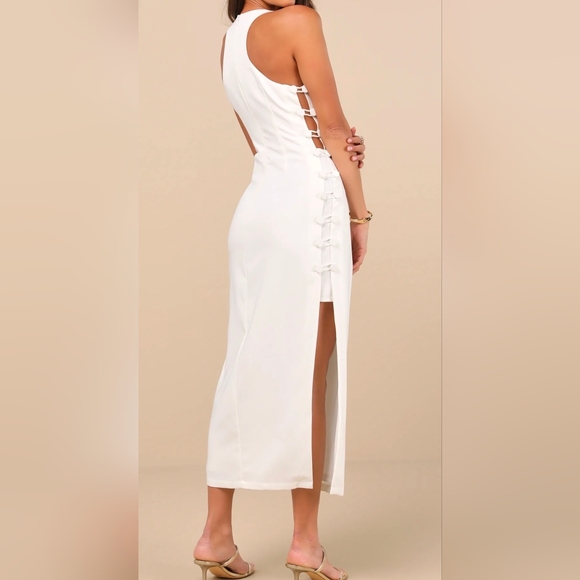 Lulus Masterfully Mod White Side Button Midi Dress, Size Small - Picture 5 of 11